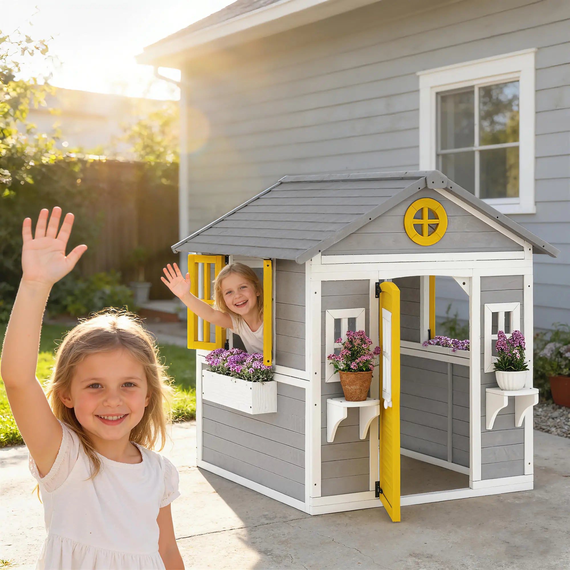 Wooden Playhouse For Kids, With Door, Windows, Planter Pots, Grey Play Houses at Gallery Canada