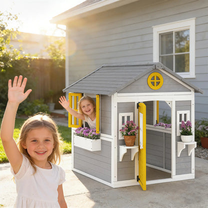 Wooden Playhouse For Kids, With Door, Windows, Planter Pots, Grey Play Houses at Gallery Canada