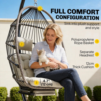 Outdoor Hanging Egg Chair, Retractable Footrest, Metal Stand, Light Grey Patio Swings with Stand at Gallery Canada