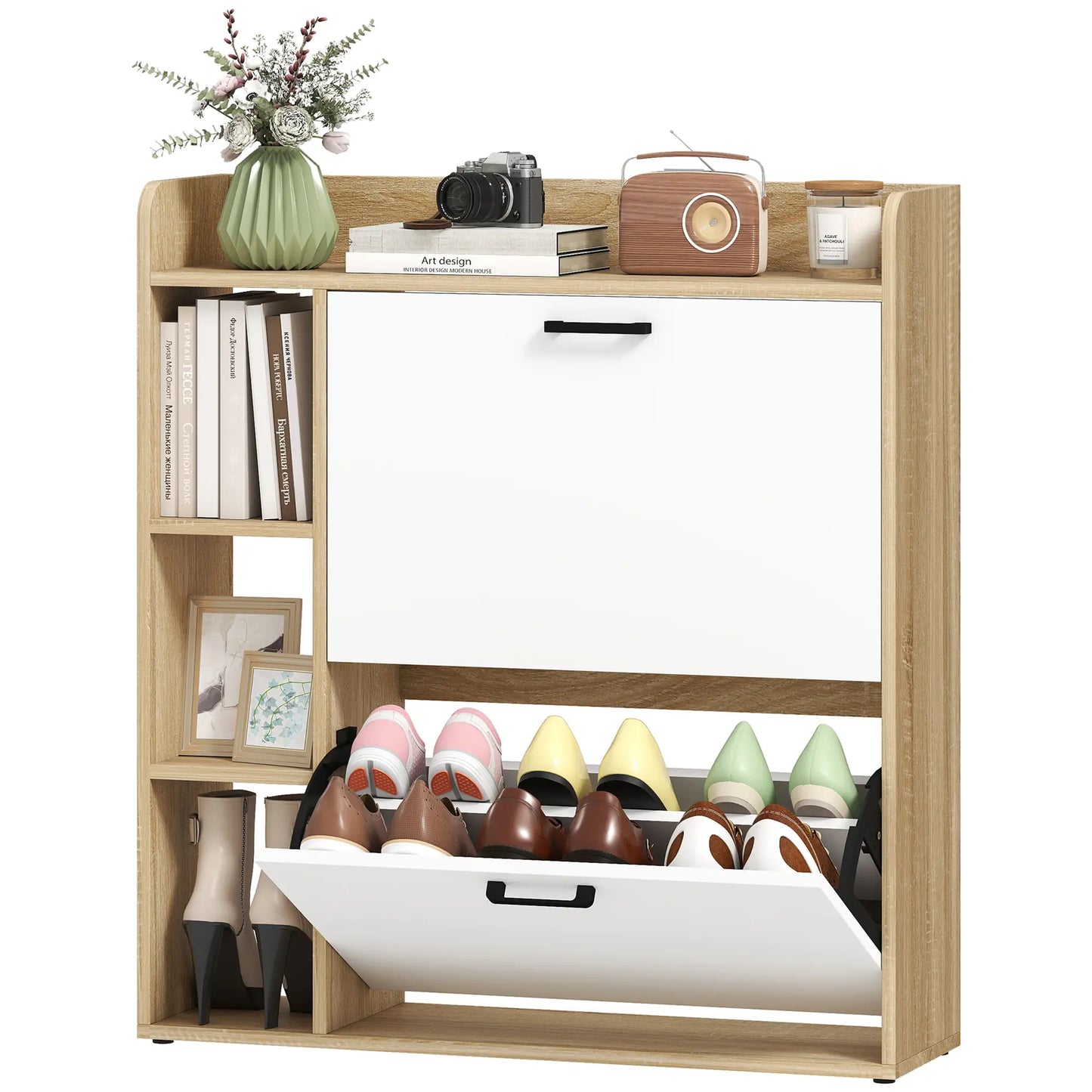 Shoe Cabinet with 2 Flip Drawers, 3 Side Compartments, Adjustable Shelves, 8-12 Pairs for Entryway Hallway, Natural Shoe Storage Cabinets & Racks Natural and White at Gallery Canada