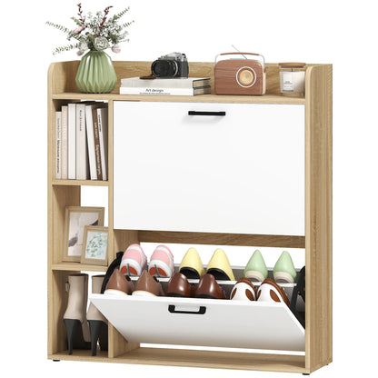 Shoe Cabinet with 2 Flip Drawers, 3 Side Compartments, Adjustable Shelves, 8-12 Pairs for Entryway Hallway, Natural Shoe Storage Cabinets & Racks Natural and White at Gallery Canada