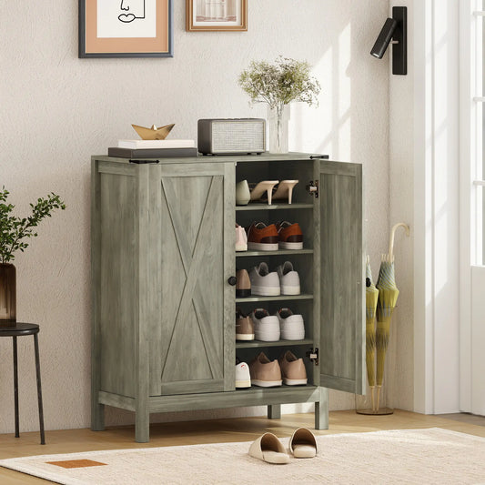 Shoe Cabinet With Barn Doors, Adjustable Shelves, Holds 15 Pairs, Grey Shoe Storage Cabinets & Racks Distressed Grey at Gallery Canada