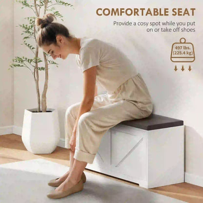 Shoe Storage Bench with Padded Seat, 8 Pairs, White Wood Grain, White Shoe Storage Cabinets & Racks at Gallery Canada