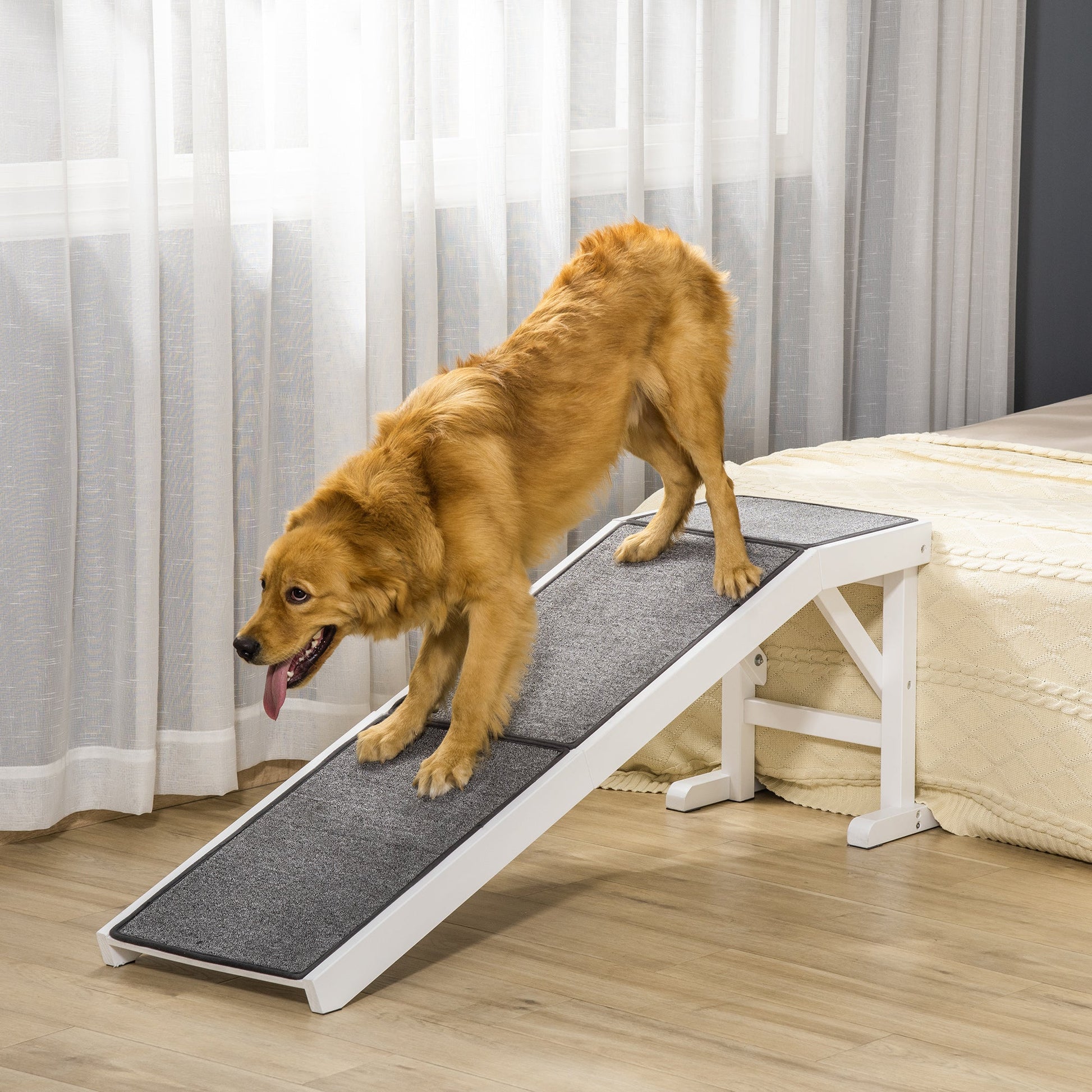 Pet Ramp Bed Steps for Dogs Cats Non-slip Carpet Top Platform Pine Wood 59"L x 16"W x 20"H White Grey - Gallery Canada