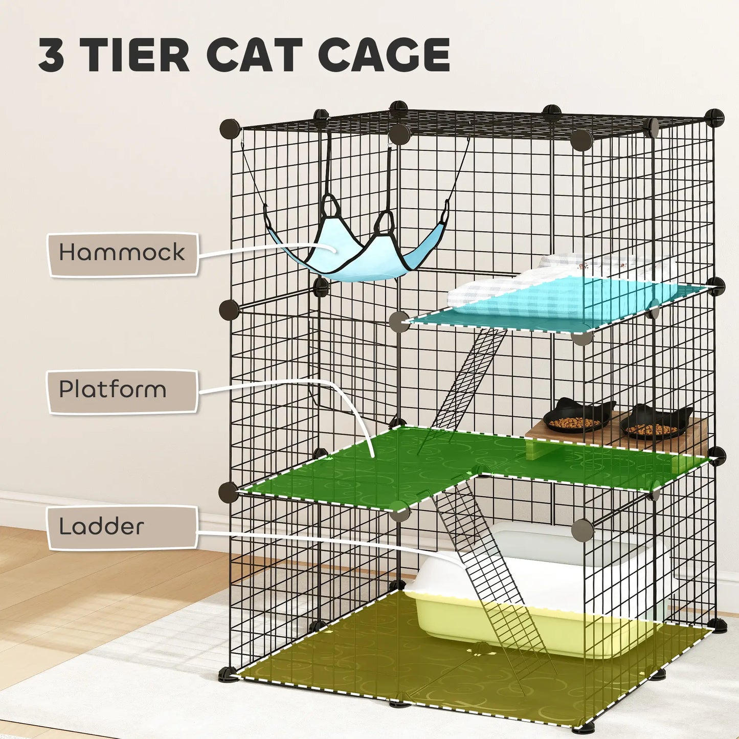 3 Tier Cat Cage Crate, DIY Pet Playpen, Black Outdoor Cat Enclosures at Gallery Canada