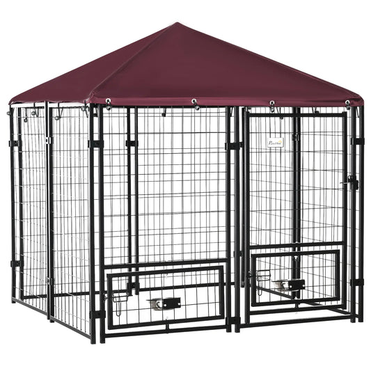 Large Steel Dog Kennel, 4.6ft x 4.6ft x 5ft, Lockable Playpen, UV-Resistant Canopy Houses, Kennels & Pens Black, Red at Gallery Canada