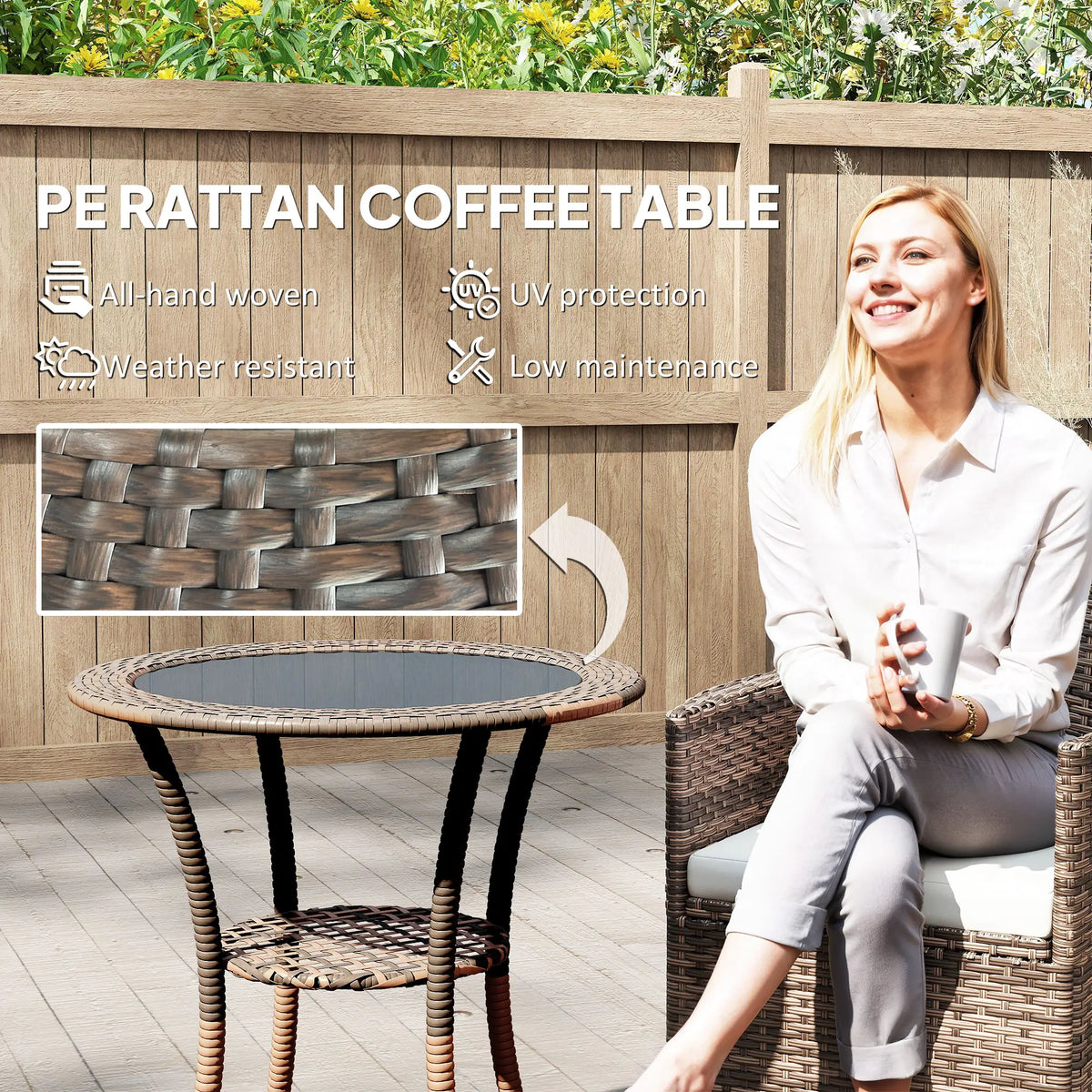 Rattan Dining Table, Wicker Coffee Table with 2-Tier Shelf, Brown Patio Dinning Tables at Gallery Canada