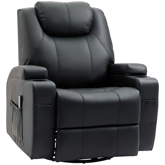 Massage Recliner Chair, 8 Vibration Points, PU Leather, 360° Swivel, Black Single Sofas Black at Gallery Canada