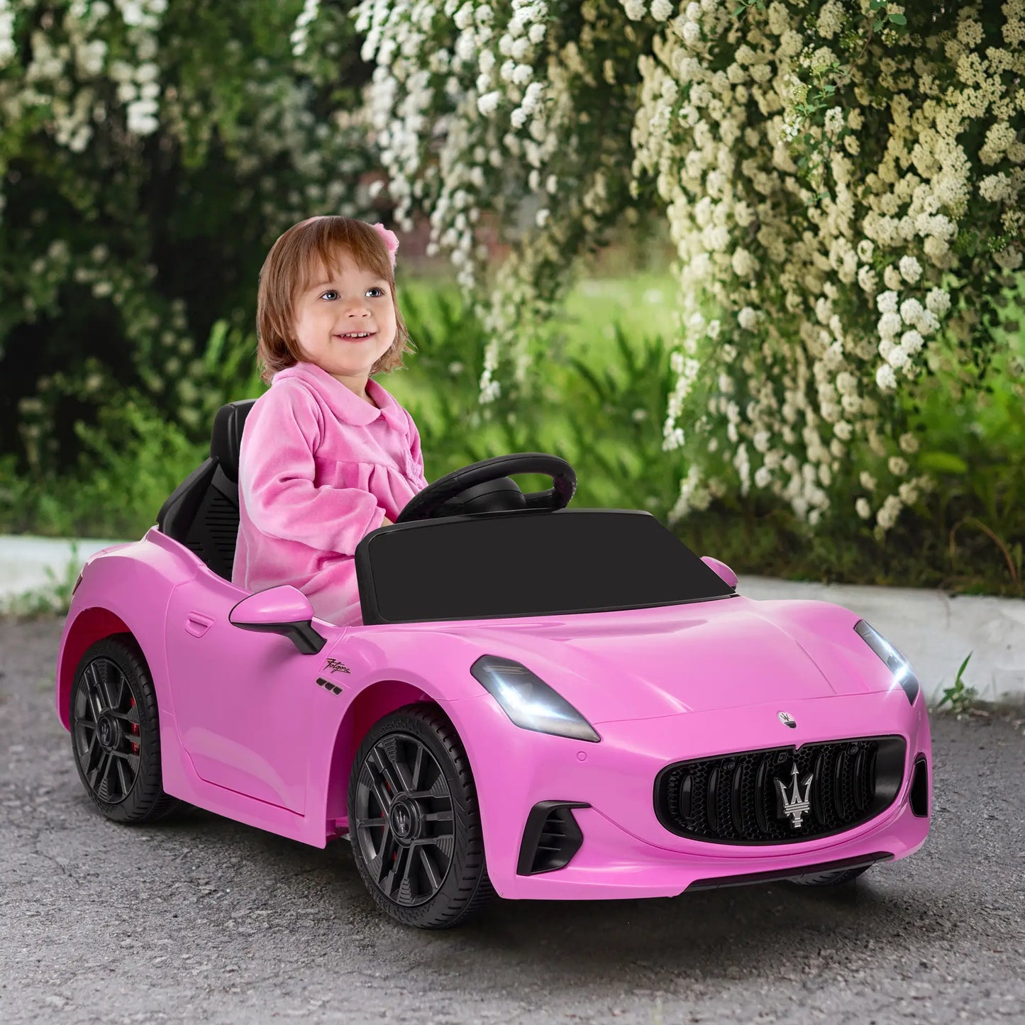 12V Maserati Gran Turismo Licensed Kids Electric Car w/ Remote Control, Soft Start, LED Lights, Music, Horn, MP3, Pink Electric Toy Cars at Gallery Canada
