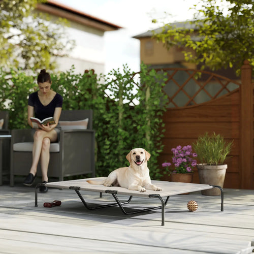 Large Dog Bed, Elevated Outdoor Cot, Breathable Mesh, Beige