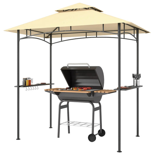 8' x 5' Outdoor Grill Gazebo, Double Tiered, 2 Side Shelves, Hooks, Beige BBQ Grill Gazebos Beige at Gallery Canada