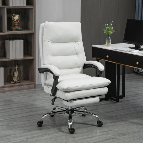 Executive Office Chair with Massage and Heat, Reclining Computer Chair with Footrest, Cream White