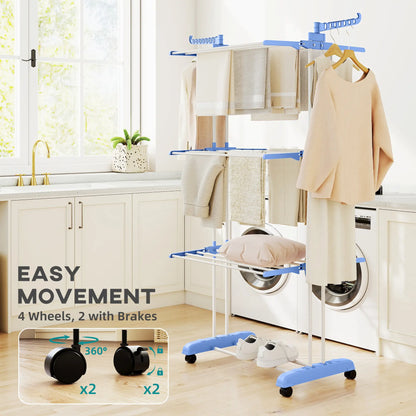 Foldable 4-Tier Steel Clothes Drying Rack, 2 Side Wings, 4 Castors, Indoor Outdoor, Blue Bath Accessories at Gallery Canada