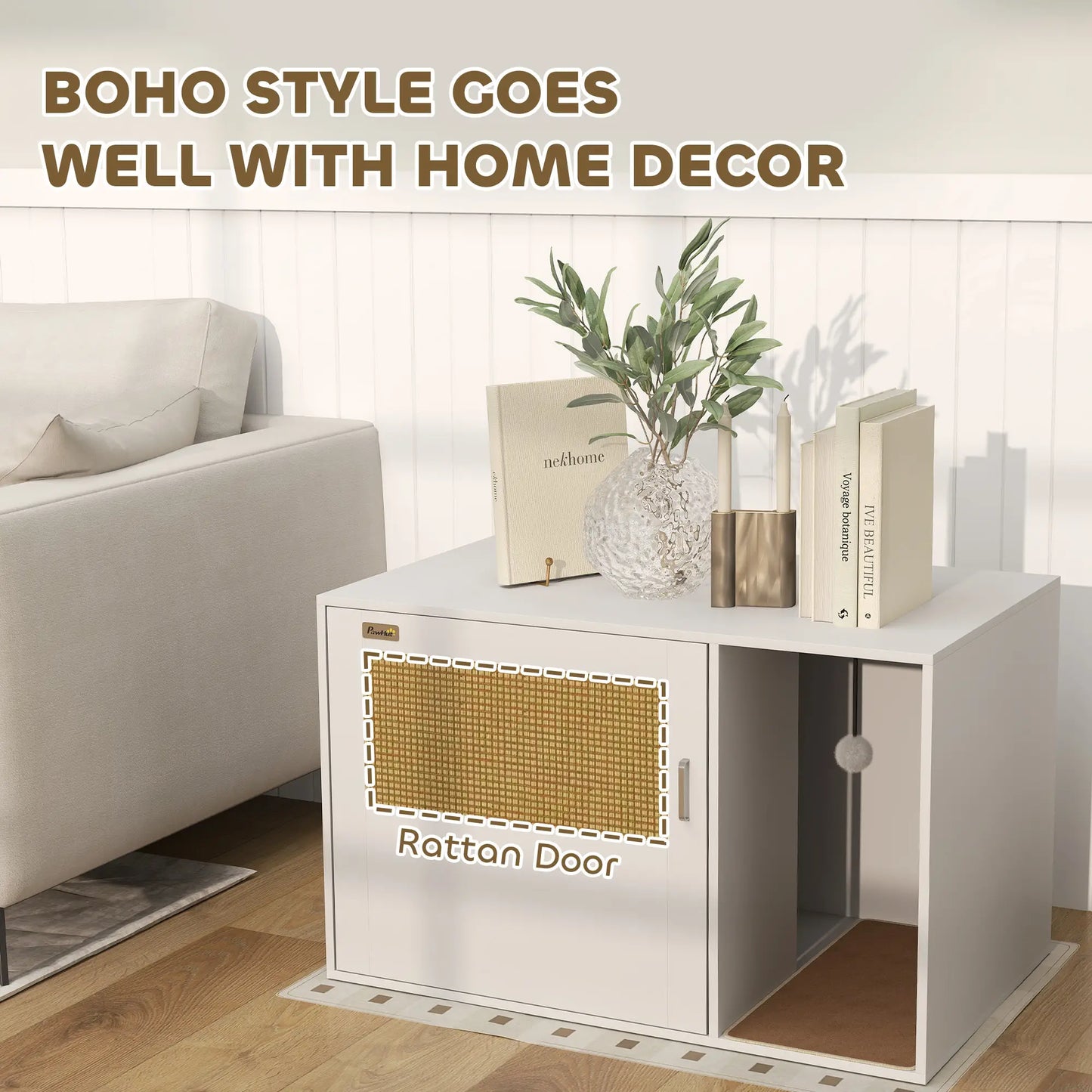 Cat Litter Box Enclosure, End Side Table with Rattan Door, Scratching Pad, White Cat Litter Box Enclosures at Gallery Canada
