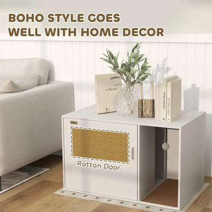 Cat Litter Box Enclosure, End Side Table with Rattan Door, Scratching Pad, White Cat Litter Box Enclosures at Gallery Canada