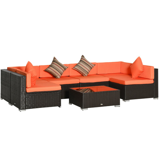 7pcs Garden Wicker Sectional Set, Tea Table, Patio Rattan Sofa, Cushion, Outdoor Deck, Orange Patio Furniture Sets Dark Brown Rattan, Orange Fabric at Gallery Canada