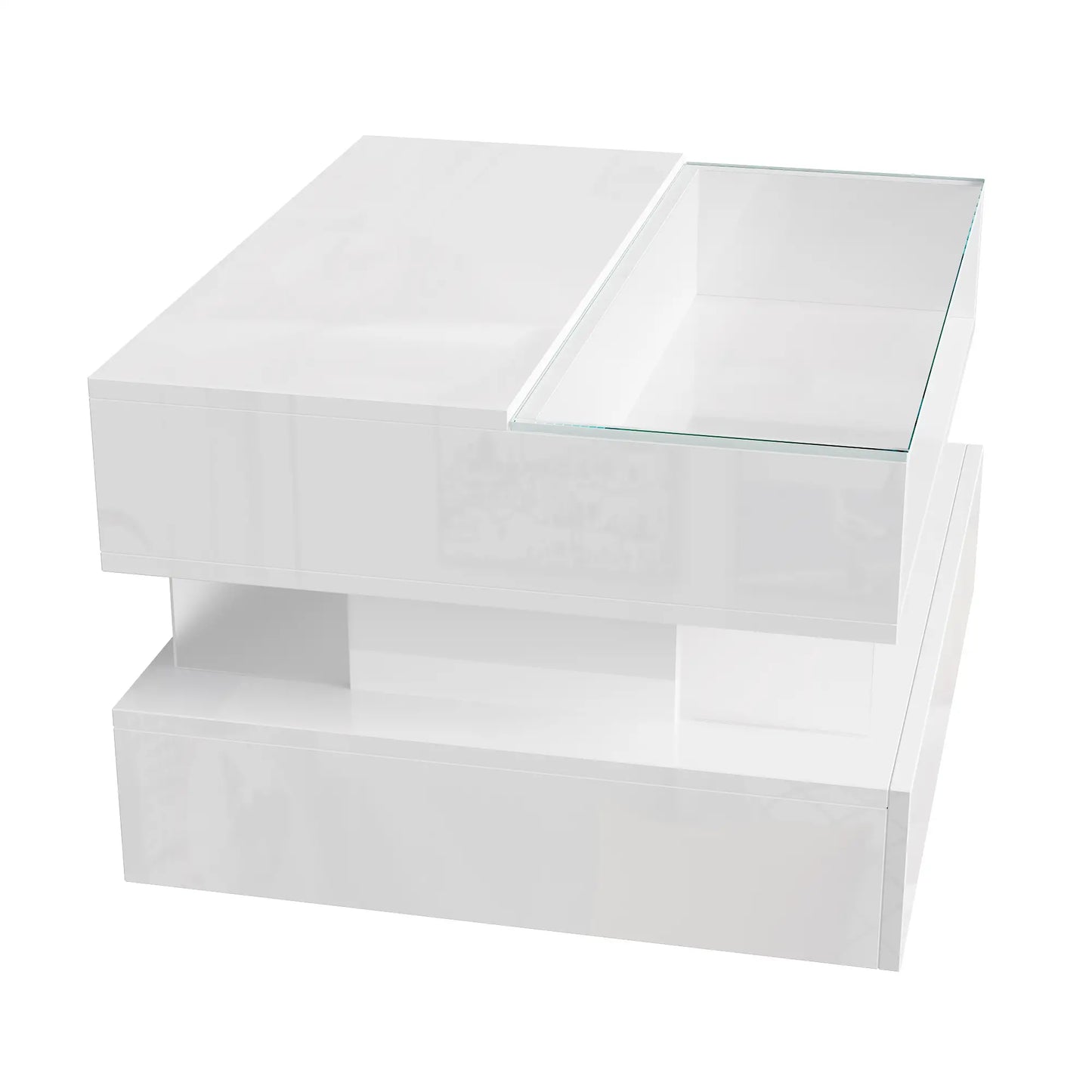 Glass Top LED Coffee Table, Storage Drawer, Adjustable Height, 26" L x 21.5" W x 21.5" H, White Coffee Tables at Gallery Canada