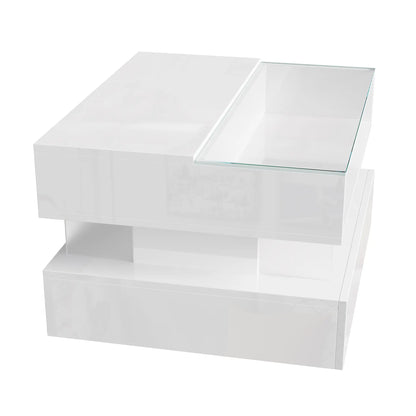 Glass Top LED Coffee Table, Storage Drawer, Adjustable Height, 26" L x 21.5" W x 21.5" H, White Coffee Tables at Gallery Canada
