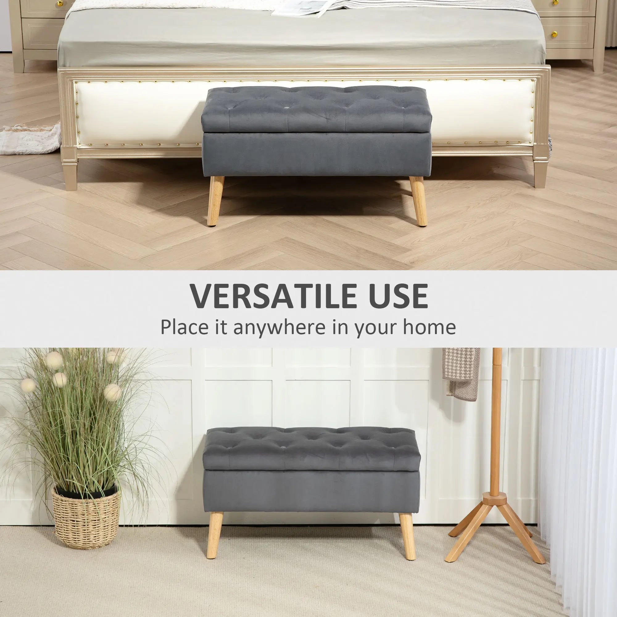 Velvet Storage Ottoman with Lid, Wood Legs, Charcoal Grey Storage Ottomans & Benches at Gallery Canada