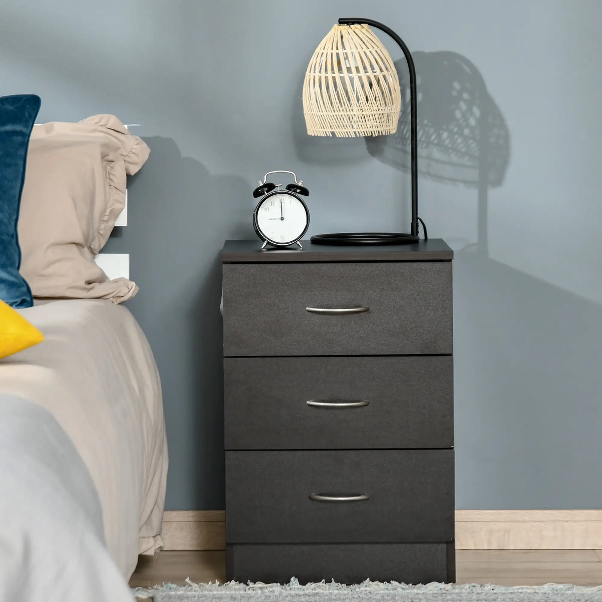 Bedside Table, 3 Drawers, Metal Rail, Dark Brown Bedside Tables at Gallery Canada