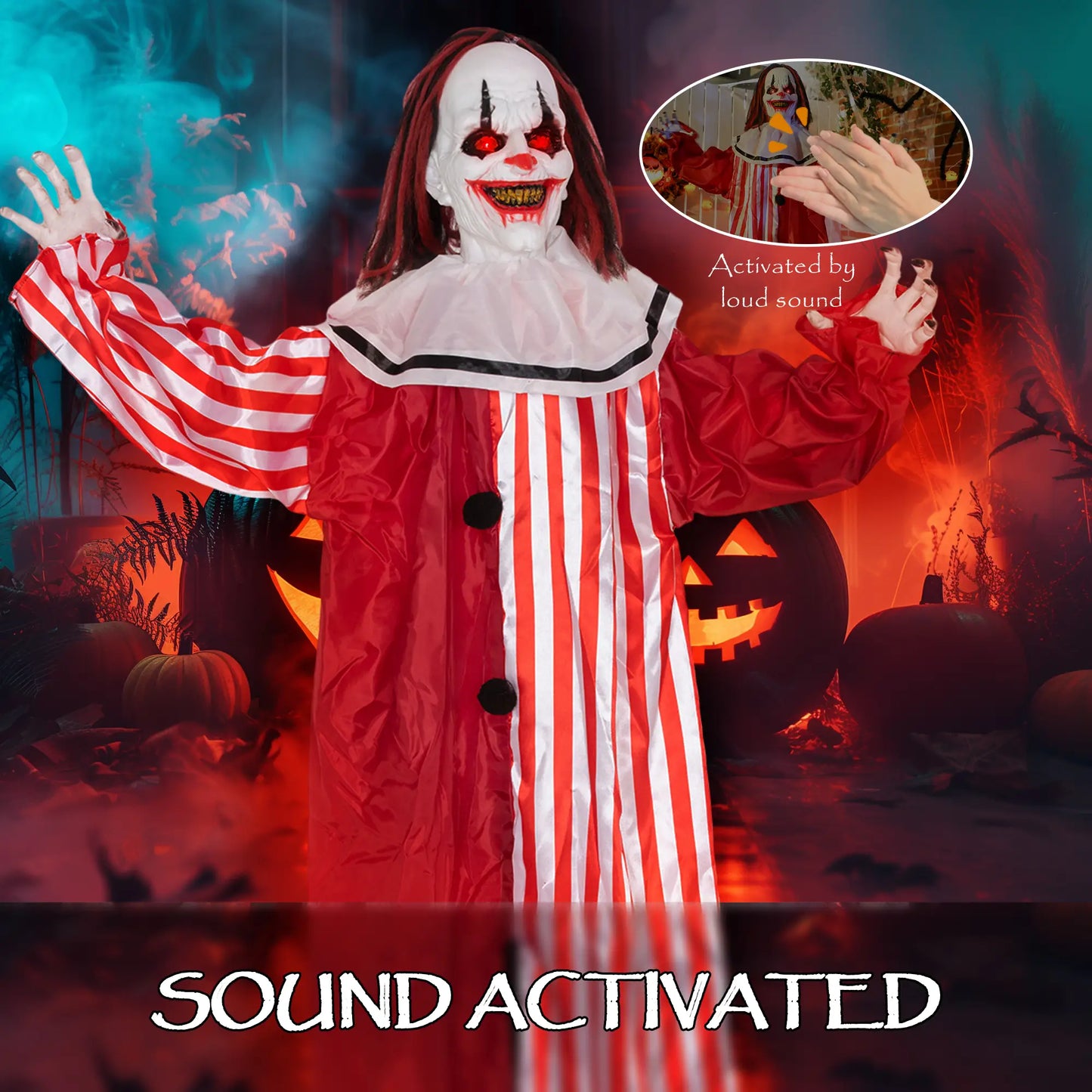 Life Size Animated Clown, Red Light Up Eyes, Sound Activated, Battery Operated, Red Halloween Decorations at Gallery Canada