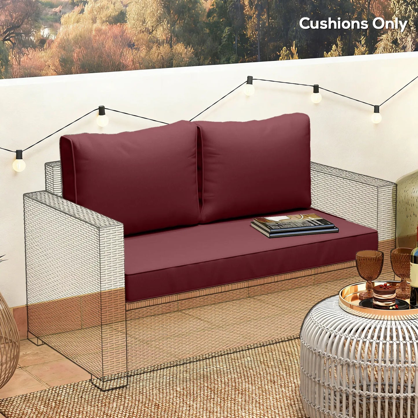 Outdoor Seat Cushions With Backrest, Loveseat Double Sofa, Wine Red Patio Chair Cushions at Gallery Canada