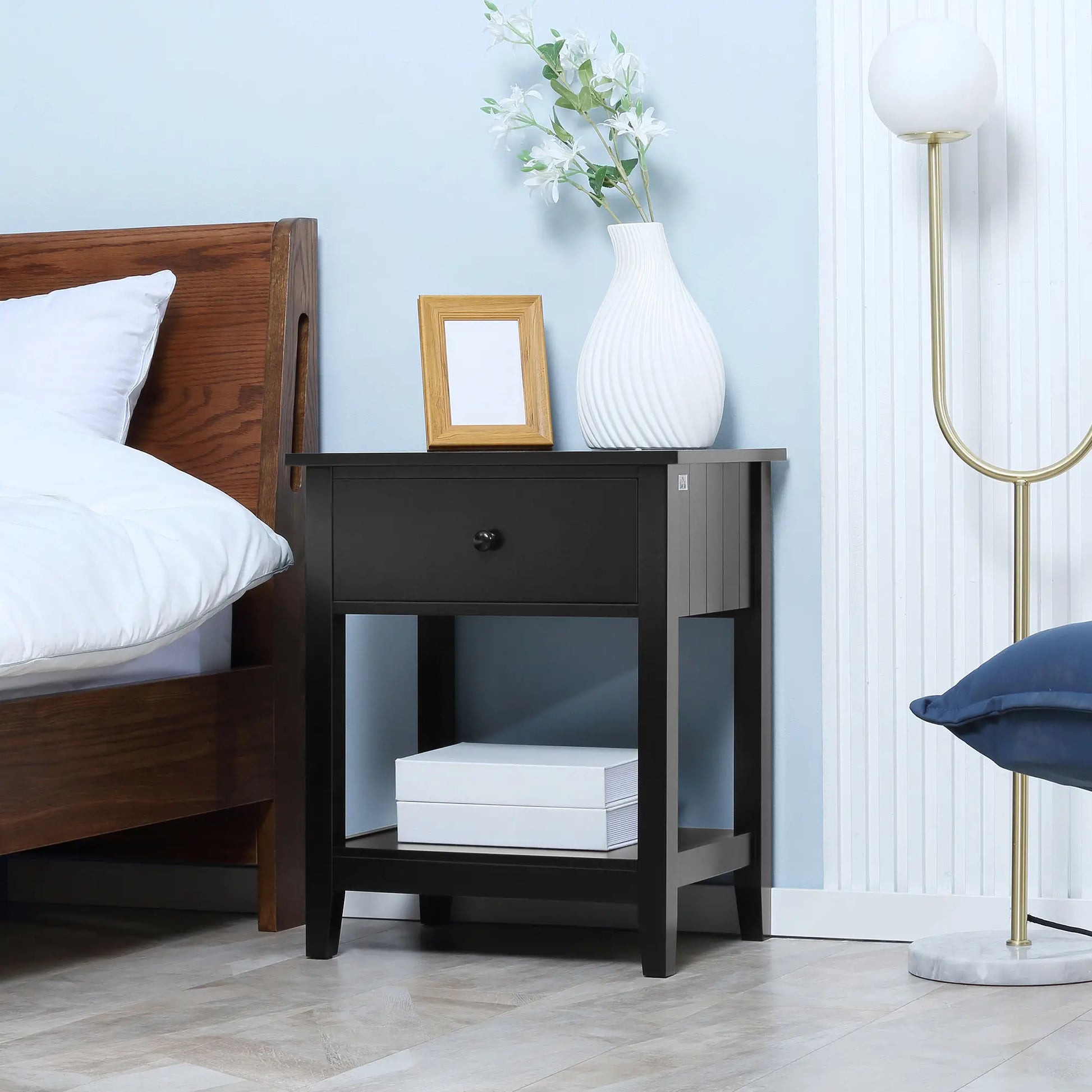 Modern Nightstand, Small End Table with Drawer, Storage Shelf, Black Side Tables at Gallery Canada