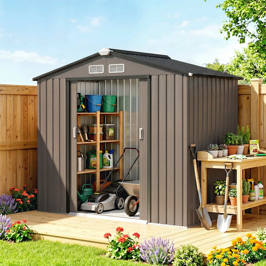 7' x 4' x 6' Garden Storage Shed, Metal, Double Doors, Brown Sheds Brown at Gallery Canada
