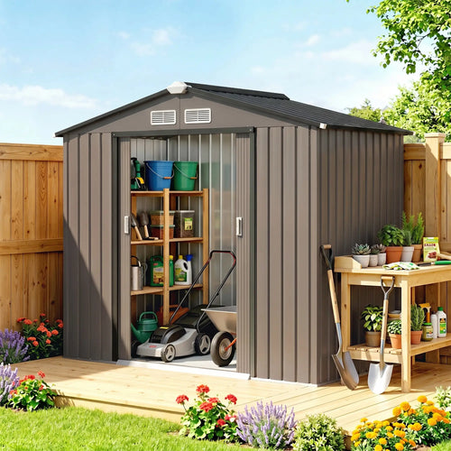 7' x 4' x 6' Garden Storage Shed, Metal, Double Doors, Brown