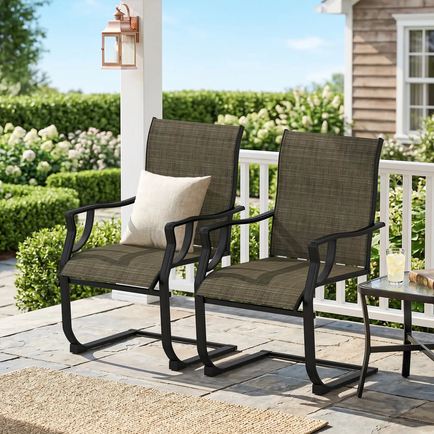 Spring Motion Patio Chairs Set Of 2, Curved High Backrest, Armrest, All Weather Fabric, Metal Frame Outdoor Dining Sets at Gallery Canada