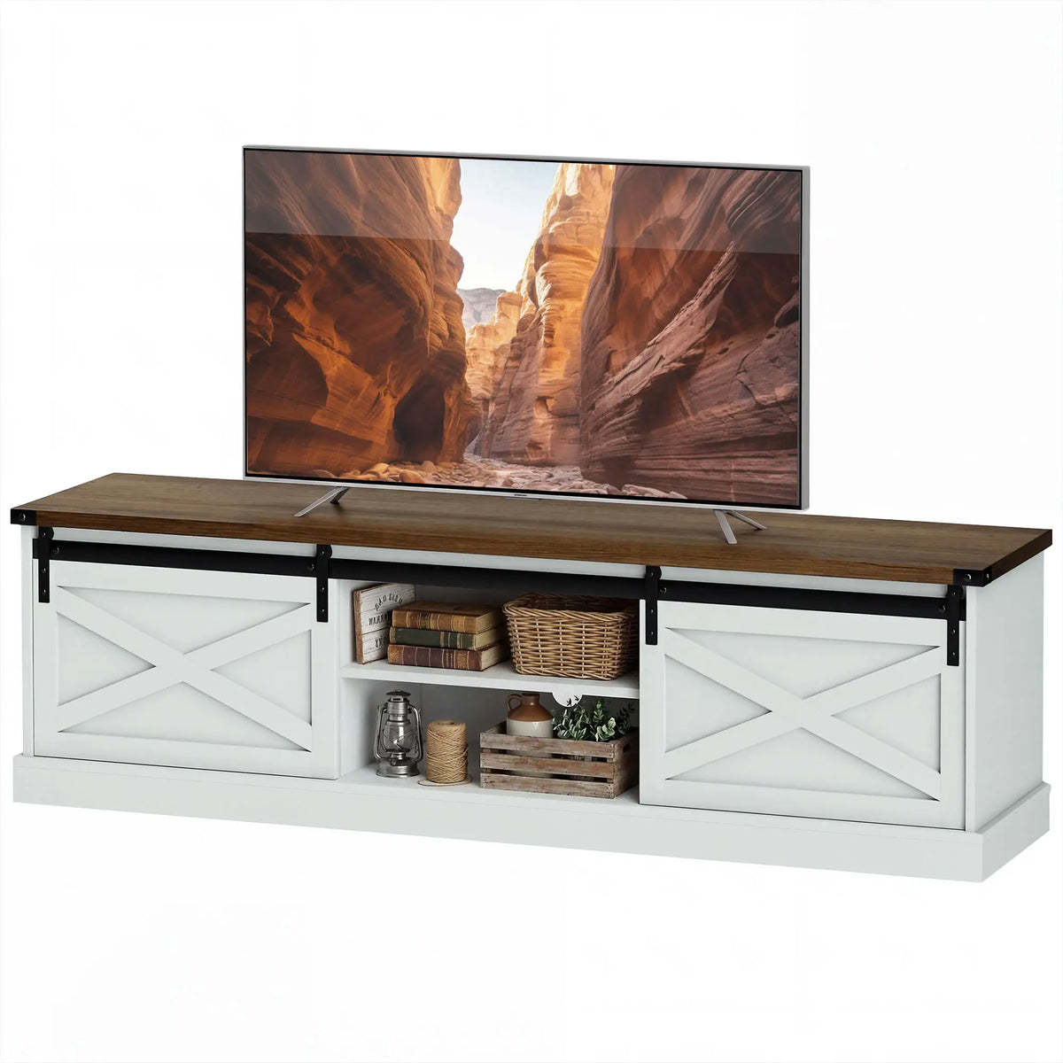 TV Stand For 65 Inch TVs, Entertainment Center With Shelves, White TV Stands Dark Walnut, White Wood Grain at Gallery Canada