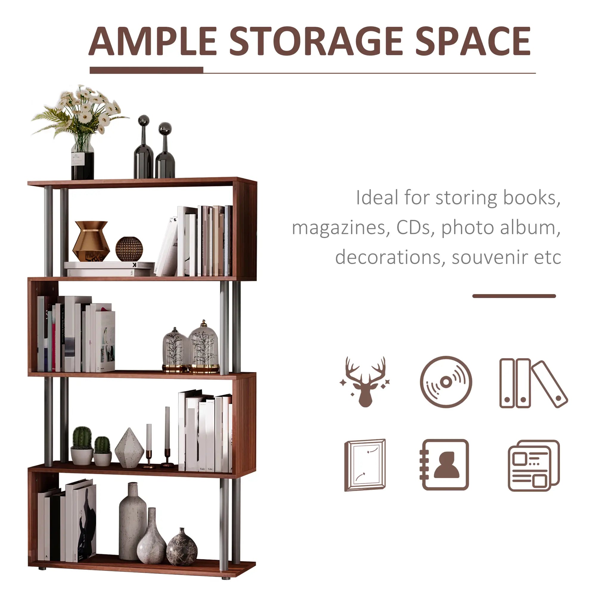 5-Tier Geometric Wooden Bookcase, S-Shaped Storage, Walnut Display Bookshelves at Gallery Canada