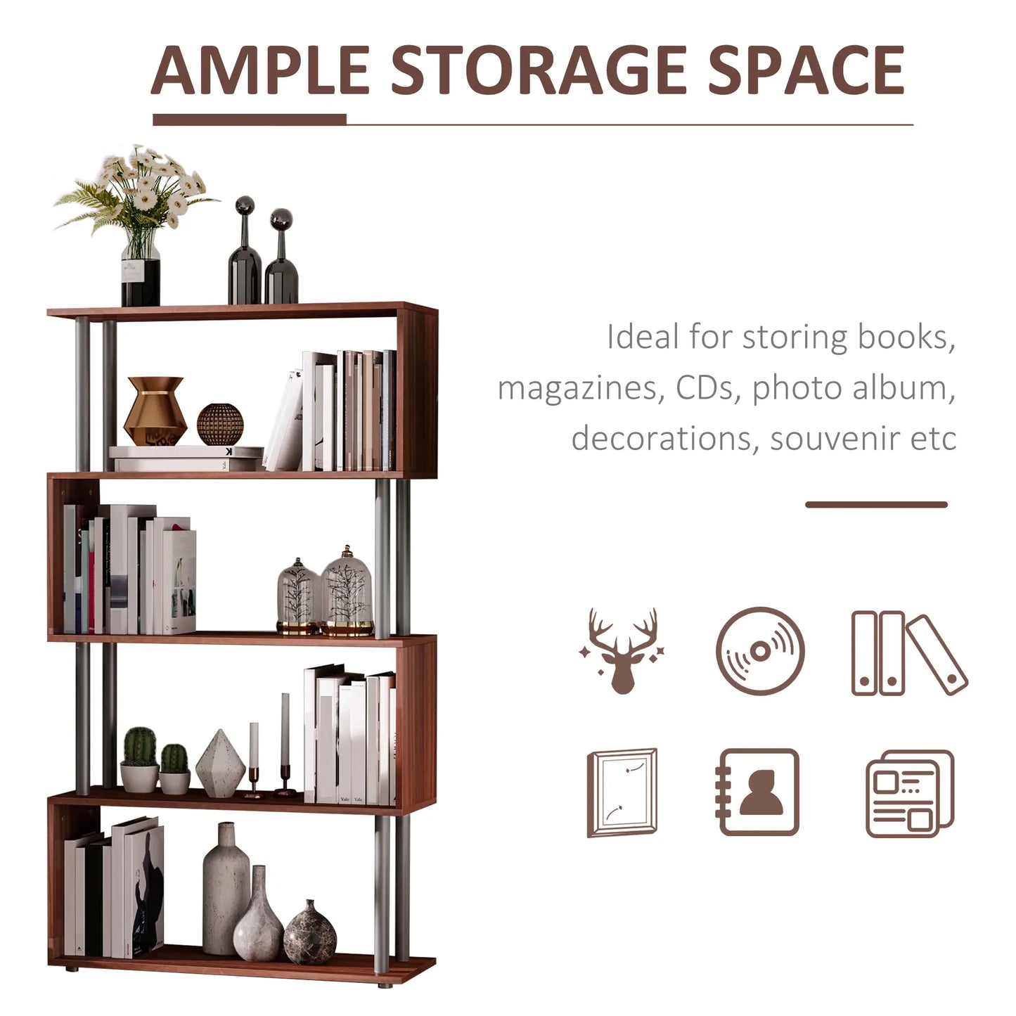 5-Tier Geometric Wooden Bookcase, S-Shaped Storage, Walnut Display Bookshelves at Gallery Canada