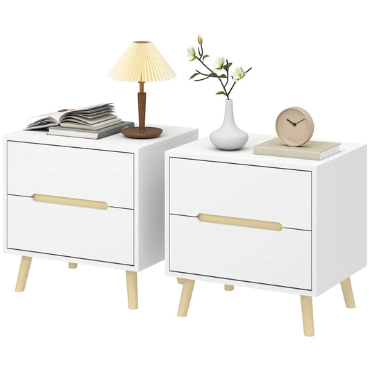 Modern Nightstands Set Of 2, 2 Drawers, Solid Wood Legs, White