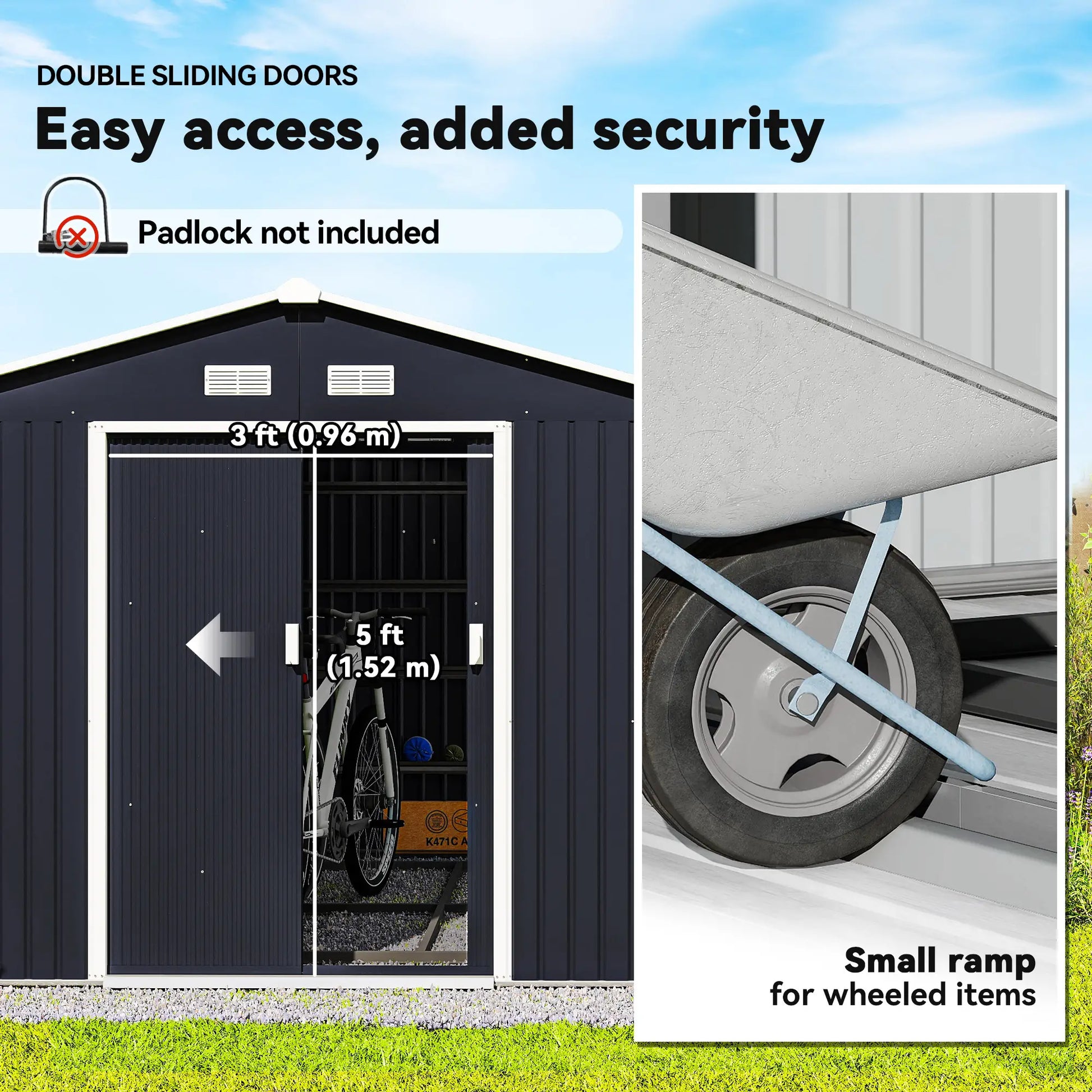 11' x 9' Metal Storage Shed, Garden Tool House, Double Sliding Doors, 4 Air Vents, Dark Grey Sheds at Gallery Canada