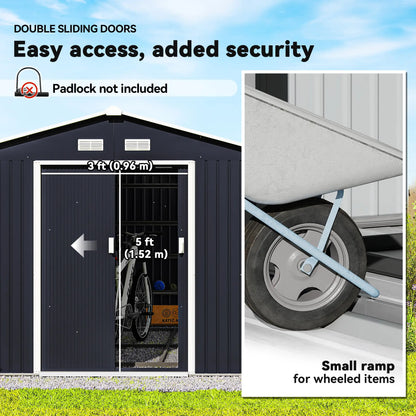 11' x 9' Metal Storage Shed, Garden Tool House, Double Sliding Doors, 4 Air Vents, Dark Grey Sheds at Gallery Canada