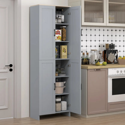 67" 4-Door Kitchen Pantry Cabinet, Freestanding, Adjustable Shelves, Grey