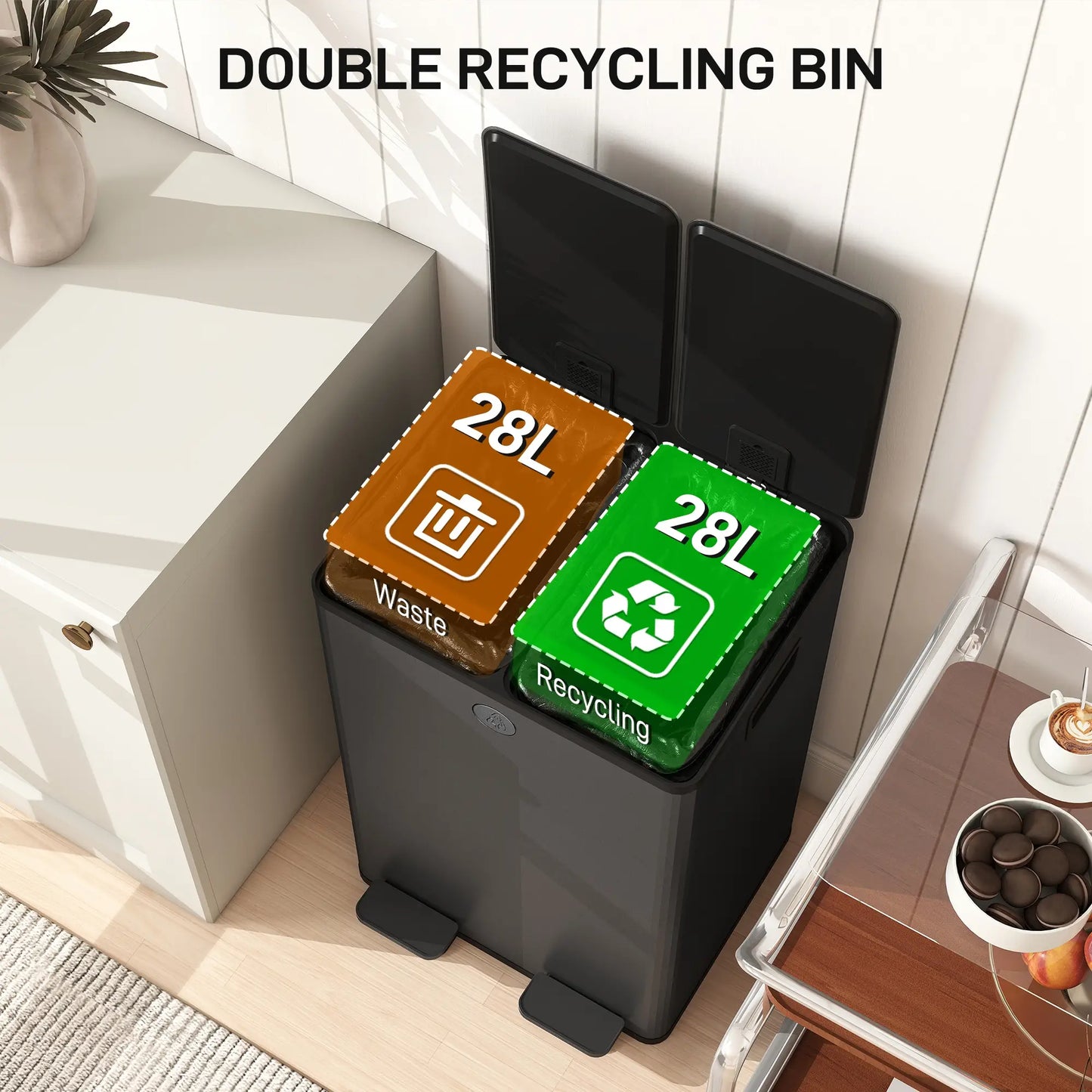 Dual Garbage Bin, Soft Close Trash Can, 2 x 28 Liter, Black Household Supplies at Gallery Canada