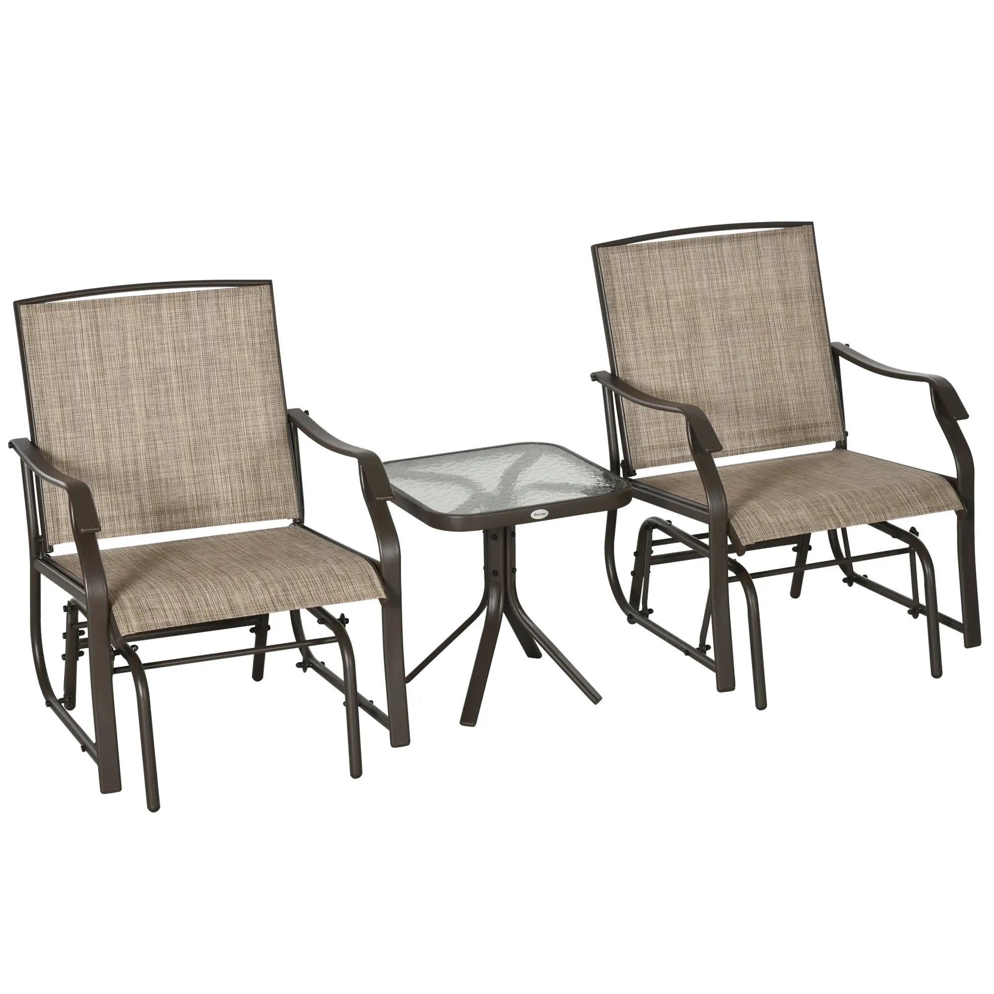 3 Piece Patio Glider Set, Outdoor Gliders, Mesh Seat, Glass Table, Mixed Brown, Brown Outdoor Gliders at Gallery Canada