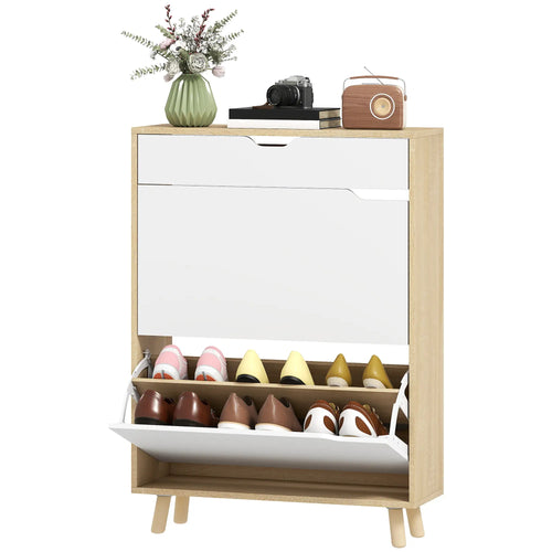 Narrow Shoe Cabinet, 2 Flip Drawers, Adjustable Shelves, White