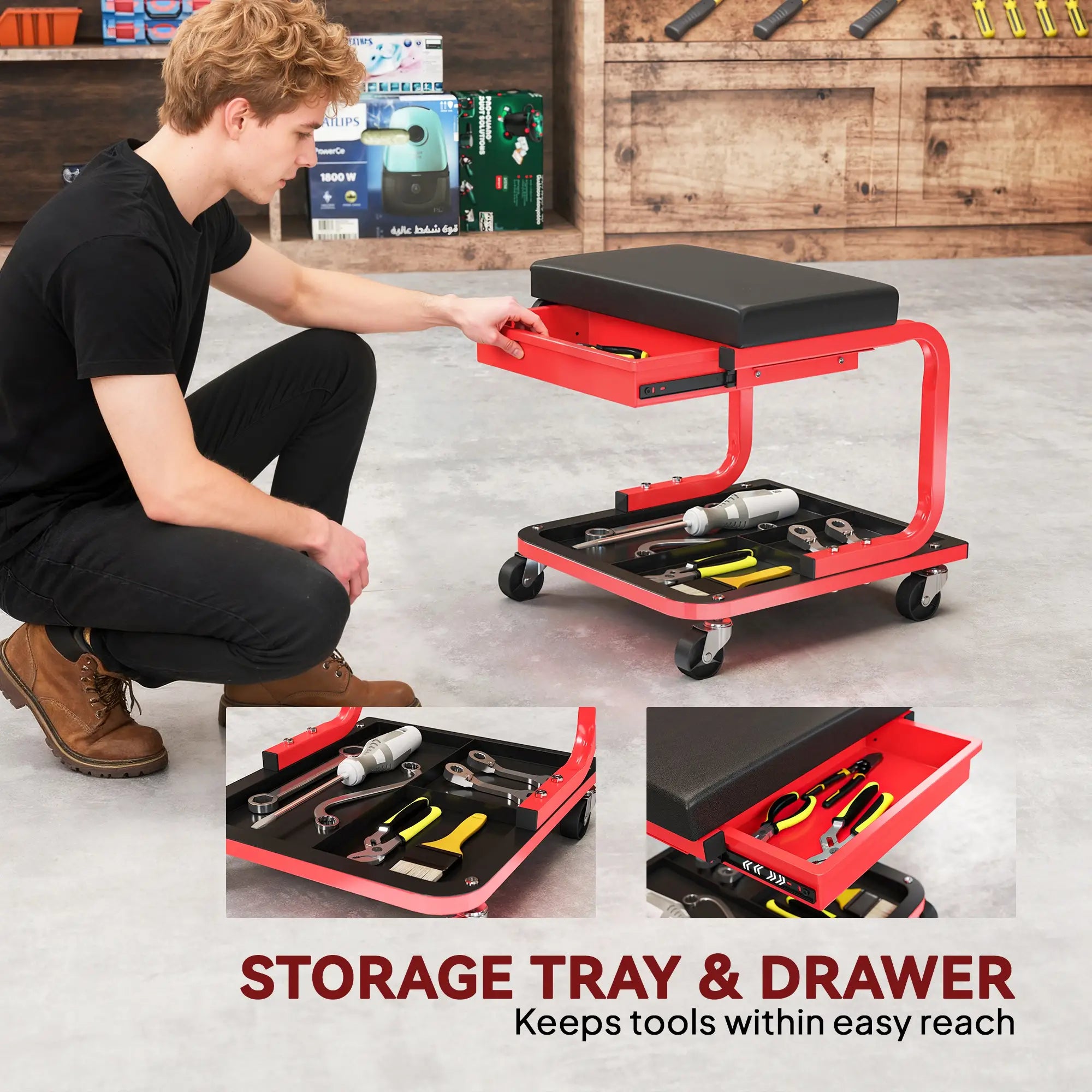 Rolling Garage Stool, 300 LBS Capacity, Tool Trays, Drawer, Black Automotive at Gallery Canada