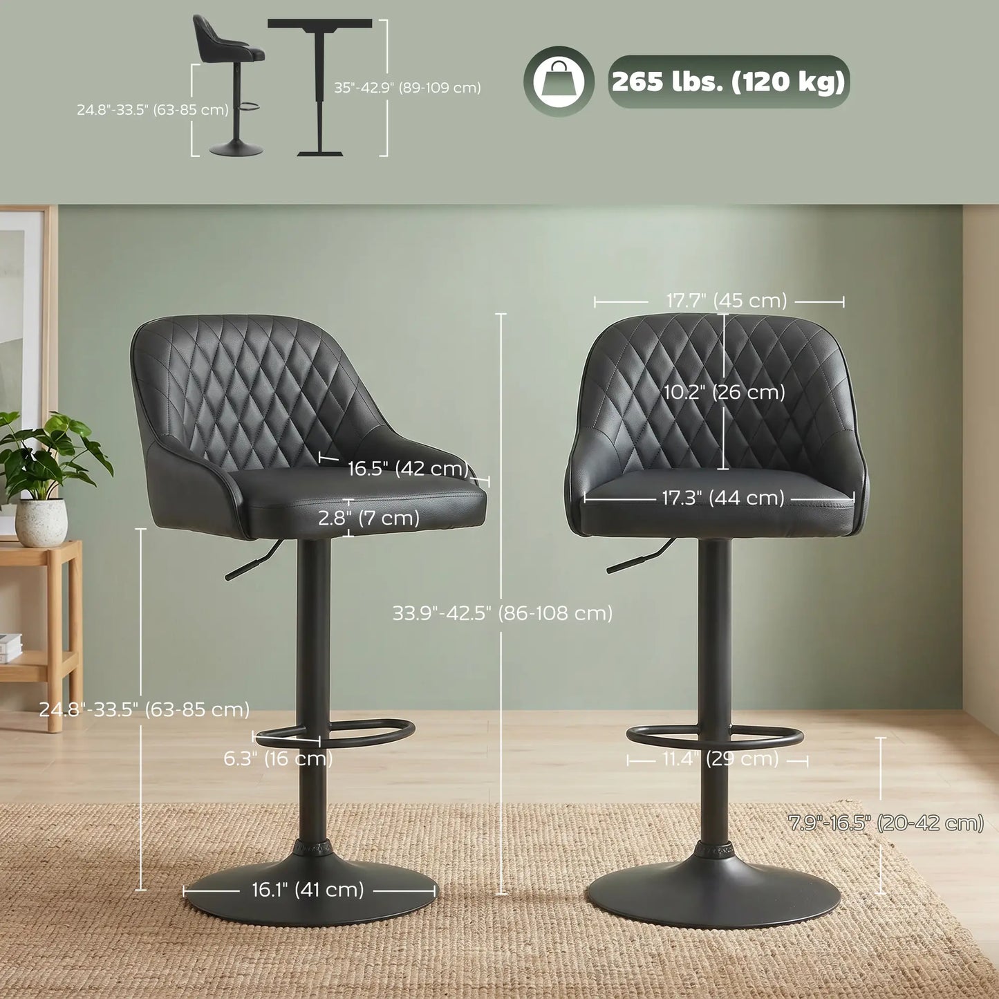 Adjustable Swivel Bar Stools With Backrest, Set Of 2, Black
