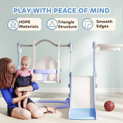 4-in-1 Slide Swing Set, Basketball Hoop, Climber, Ages 1.5-4, Rocket Themed, Light Blue Gym Sets & Swings at Gallery Canada