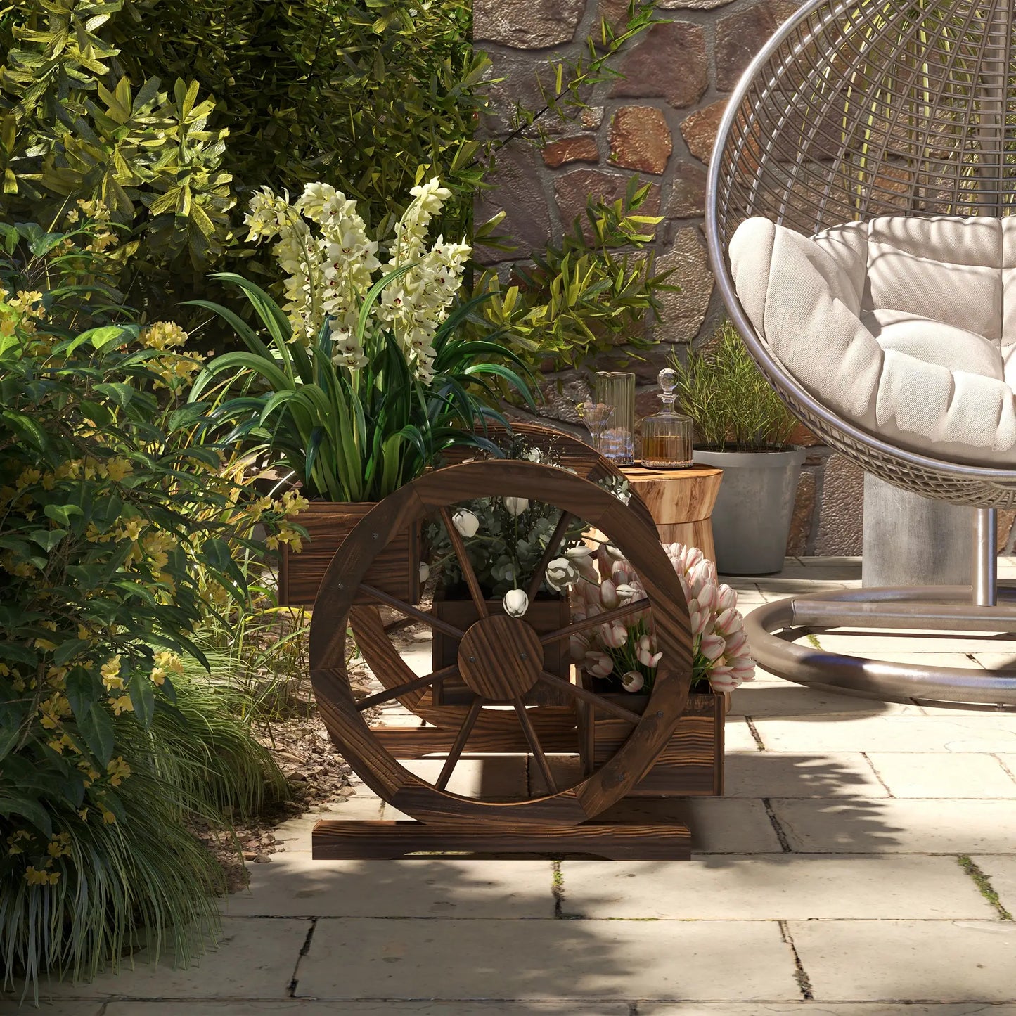 Wooden Wagon Planter Box, 3-Tier Raised Garden Bed, 24" x 24" x 22", Carbonized