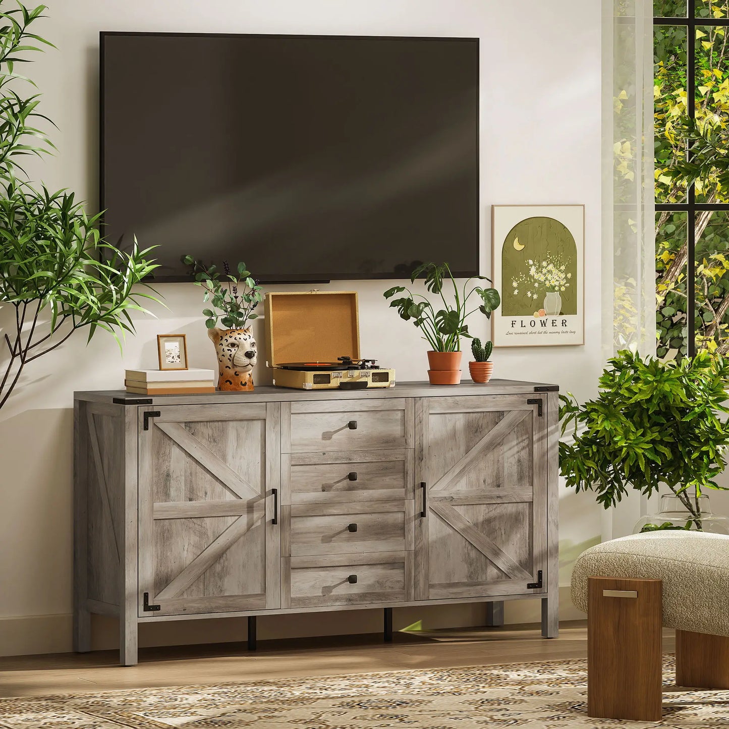 59" Buffet Cabinet, Farmhouse Sideboard, 2 Barn Doors, 4 Drawers, Grey Storage Cabinets at Gallery Canada