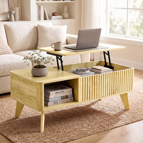 40 Inch Fluted Lift Top Coffee Table, Storage, Oak