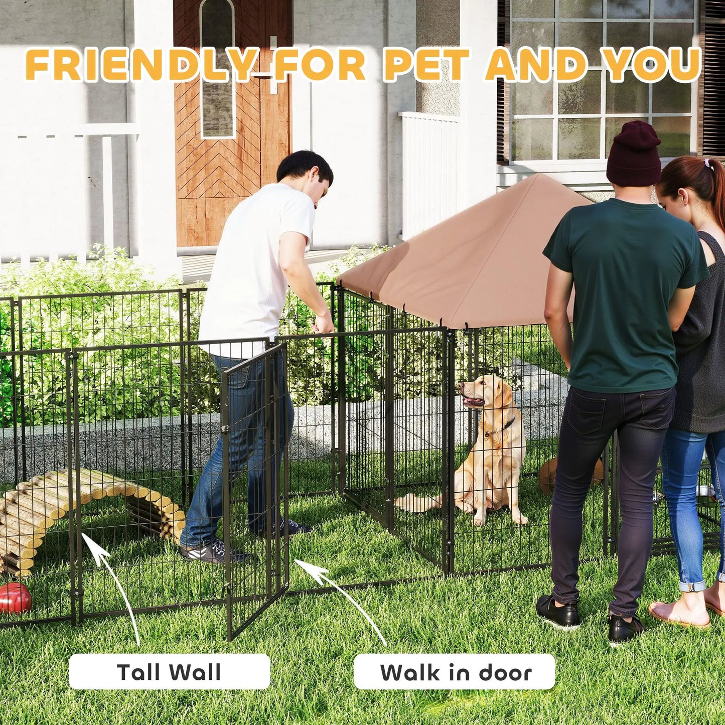 Outdoor Dog Kennel, 2 Rooms, Adjustable Bowls, Waterproof Cover, 16.2' x 4.7' x 5.1' Houses, Kennels & Pens at Gallery Canada