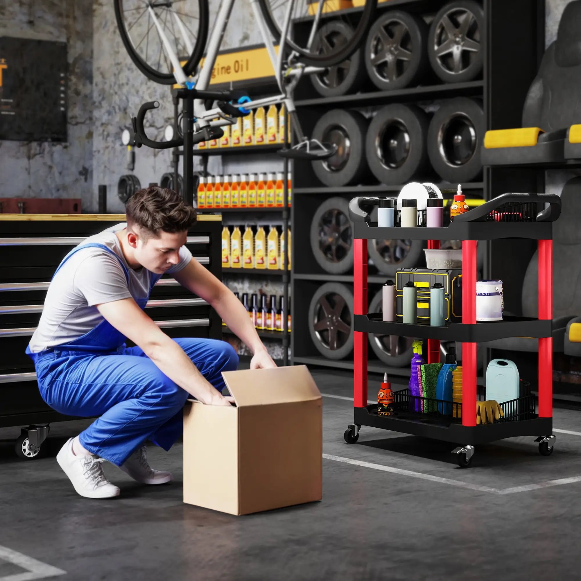 3-Tier Rolling Tool Cart, 200 LBS Capacity, Black & Red Tool Organizers at Gallery Canada