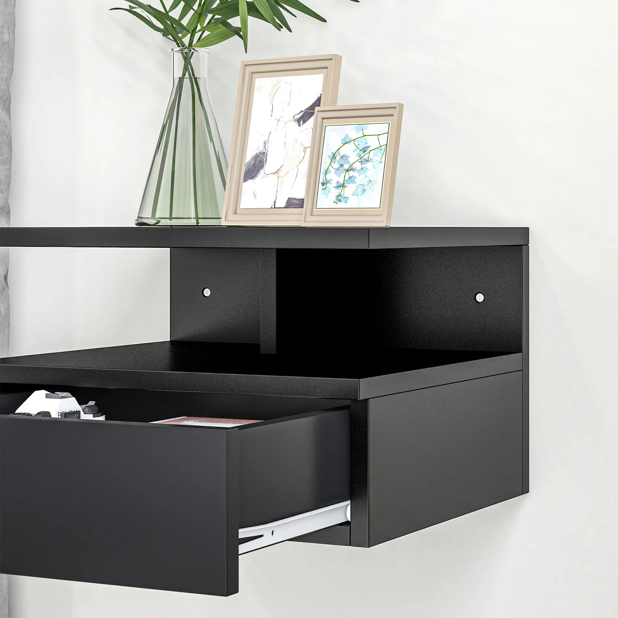 Floating Nightstand Set of 2, Wall Mounted with Drawer and Shelf, Black Bedside Tables at Gallery Canada