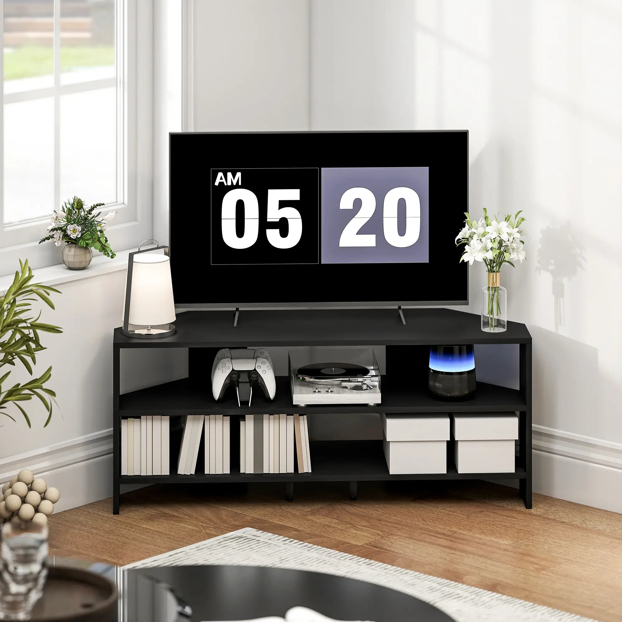 Corner TV Stand, 47 Inch, Modern Table With 2 Shelves, Black TV Stands at Gallery Canada